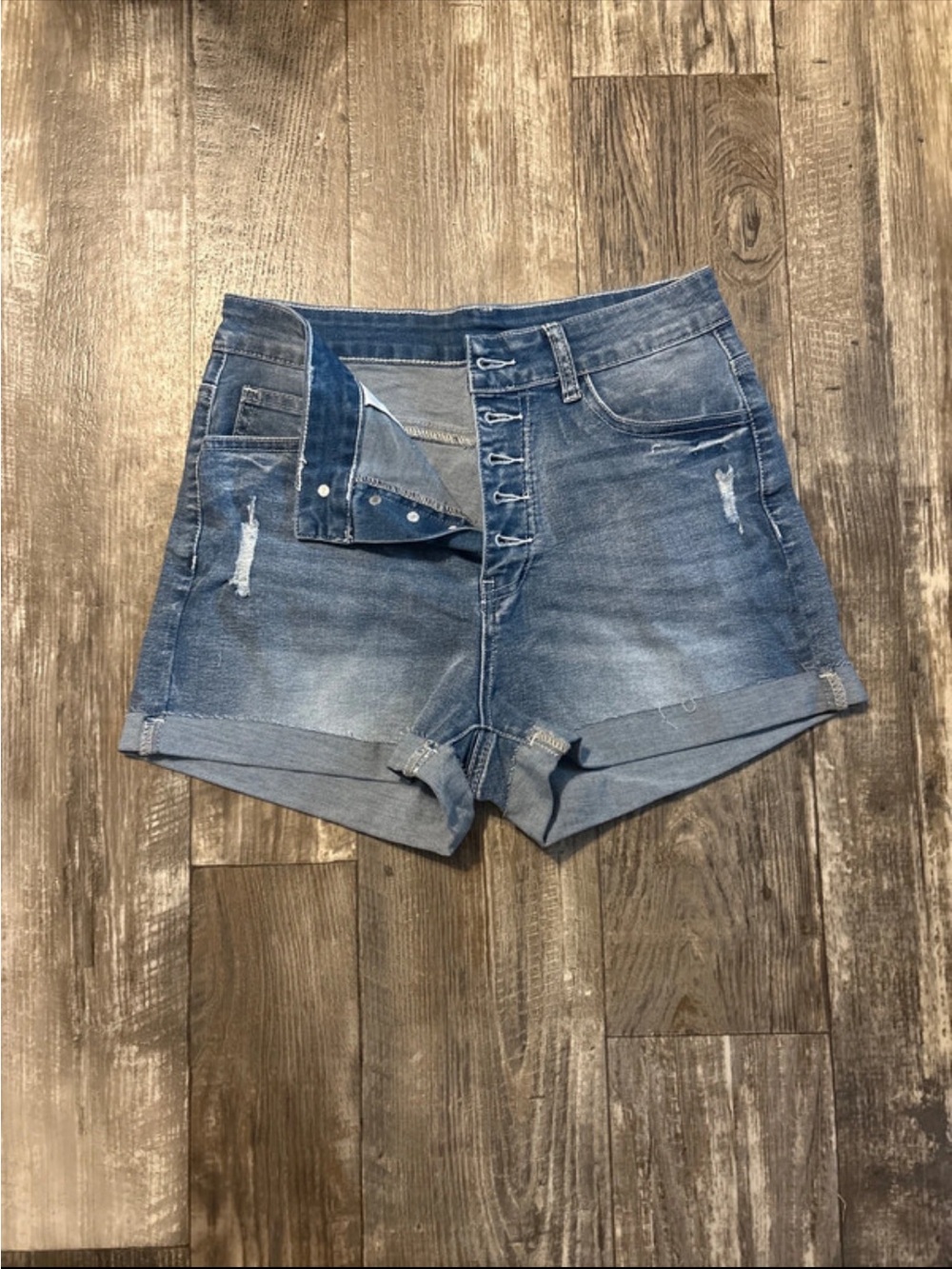 High-Rise Washed Blue Denim Button-Fly Jean Shorts
